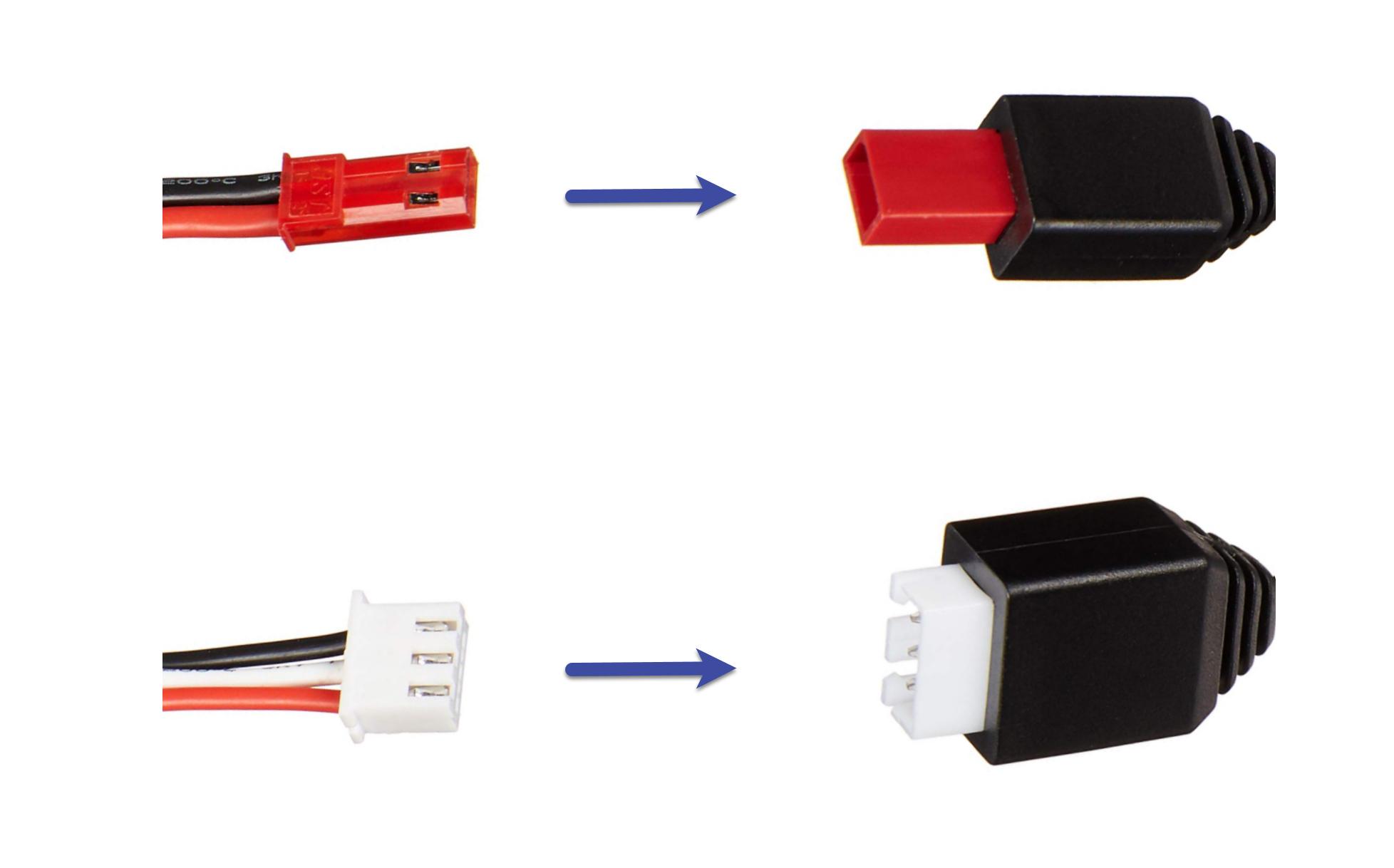 Das Bild zeigt die entsprechenden Farben der Stecker für die DeepRacer AWS-Fahrzeugbatterie und die Batterieentriegelungskabel.