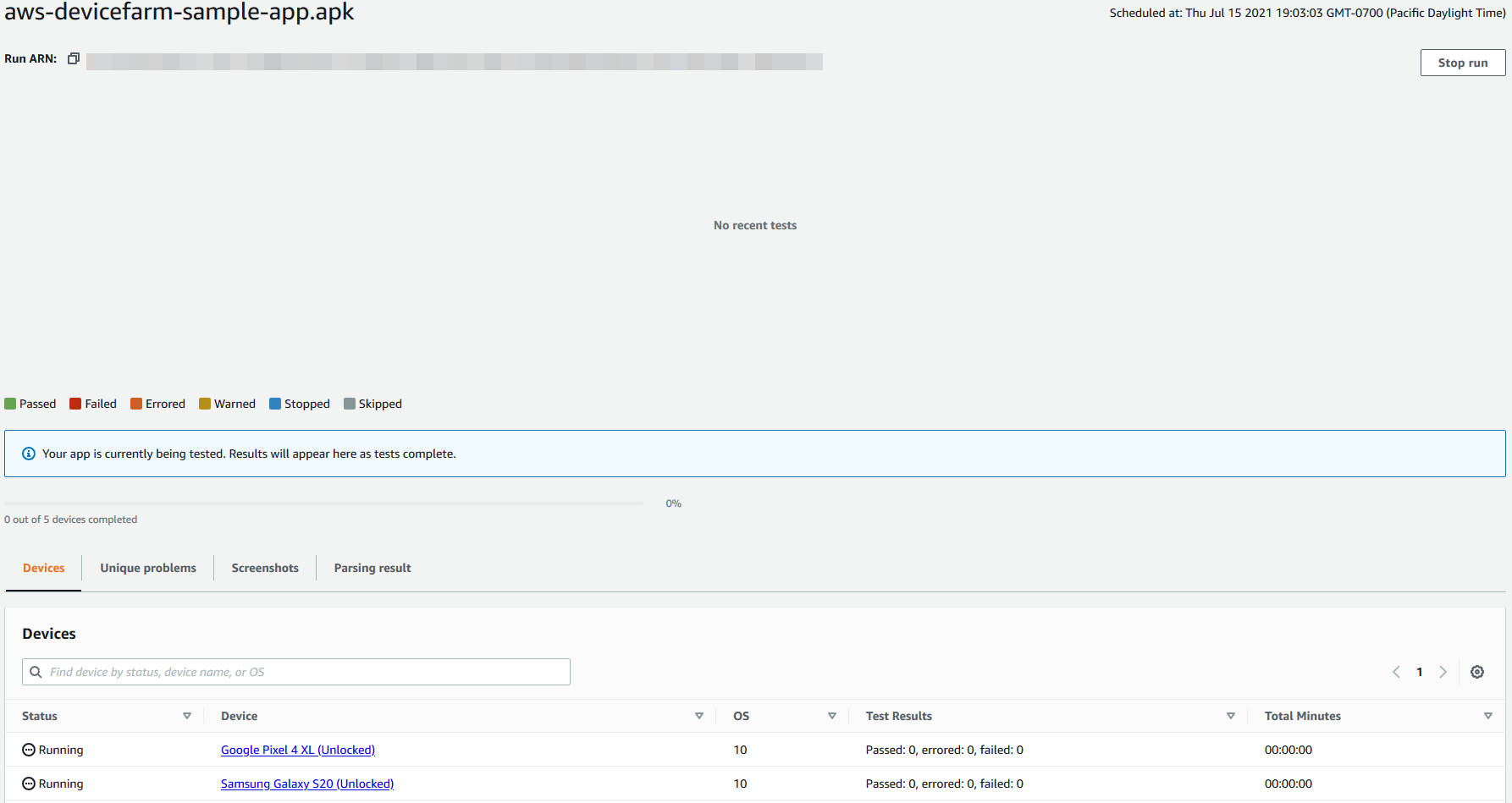 Device Farm – Stoppen eines Testlaufs