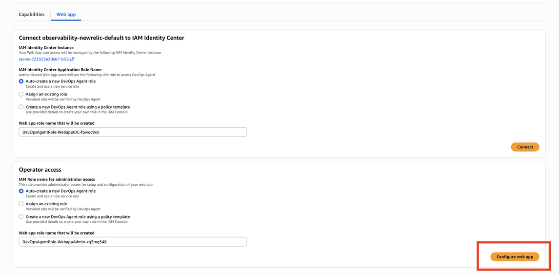 Bereich „Operatorzugriff“, in dem Auto-create eine neue Option für die AWS DevOps Agentenrolle ausgewählt wurde.
