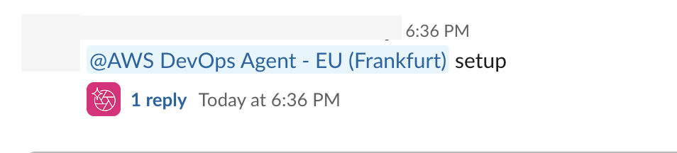 Eine Slack-Nachricht, die den Einrichtungsbefehl an die AWS DevOps Agenten-App sendet.