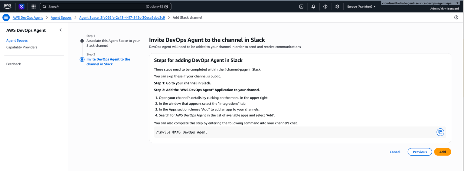 Anweisungen zum Einladen der AWS DevOps Agent-App zu einem privaten Slack-Channel mit dem Befehl /invite.