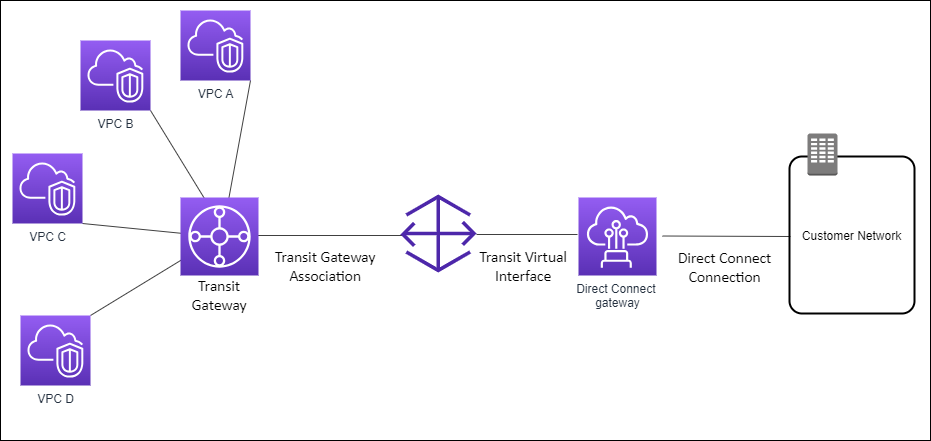 Ein Direct Connect-Gateway, das einem Transit-Gateway mit mehreren VPC-Anhängen zugeordnet ist.