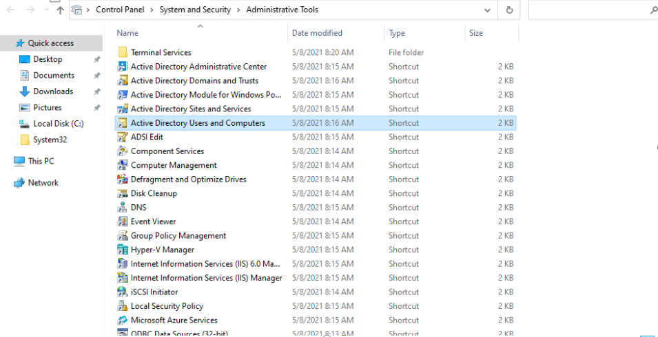 Windows Administrative Tools dashboard showing various system management shortcuts.