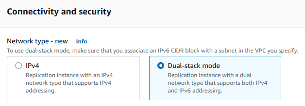 AWS Netzwerktyp des Database Migration Service