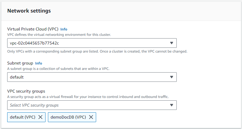 Network settings panel showing VPC, subnet group, and security group options for a Cluster.