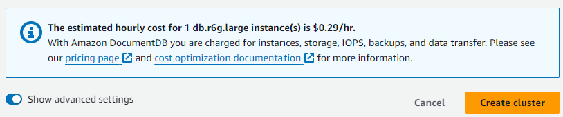 Estimated hourly cost for DocumentDB instance with toggle for advanced settings and Create Cluster button.