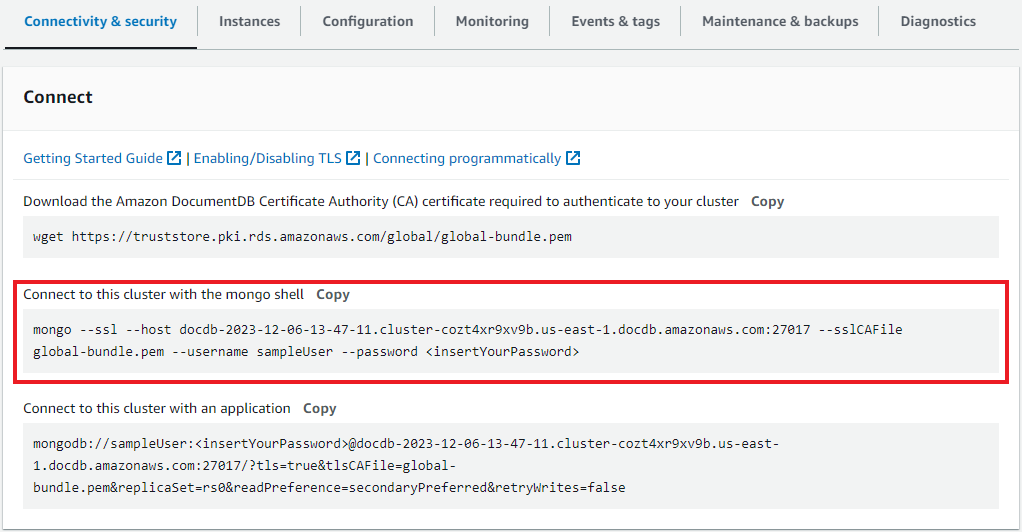 Command to connect to a MongoDB Cluster using mongo shell with SSL and authentication details.