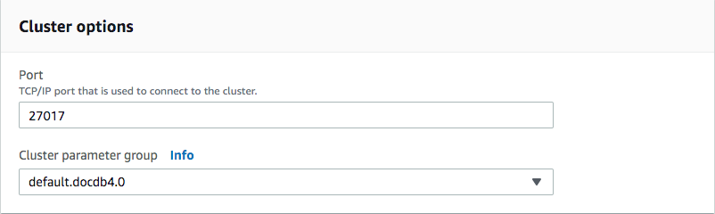 Screenshot mit dem Bereich "Cluster Options (Cluster-Optionen)" und den Schritten zur Konfiguration der Cluster-Einstellungen