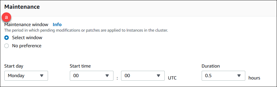 Screenshot mit dem Bereich "Maintenance (Wartung)" und den Schritten zur Konfiguration des Wartungsfensters des Clusters