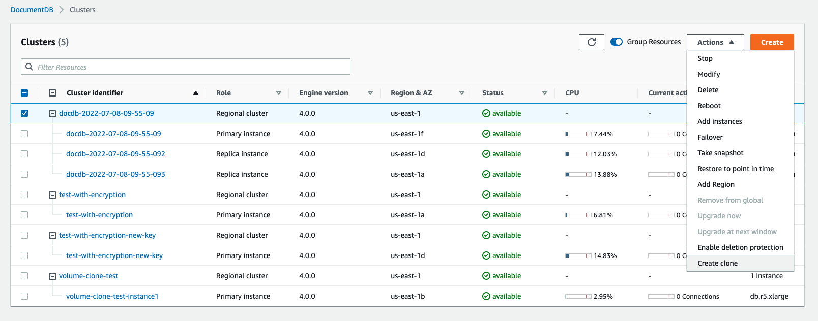 Die Erstellung eines Klons beginnt mit der Auswahl Ihres Amazon DocumentDB-Clusters.