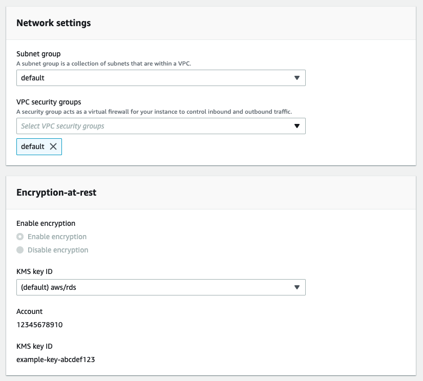 Geben Sie die Netzwerk- und Verschlüsselungseinstellungen für Ihren Amazon DocumentDB-Cluster-Klon an.