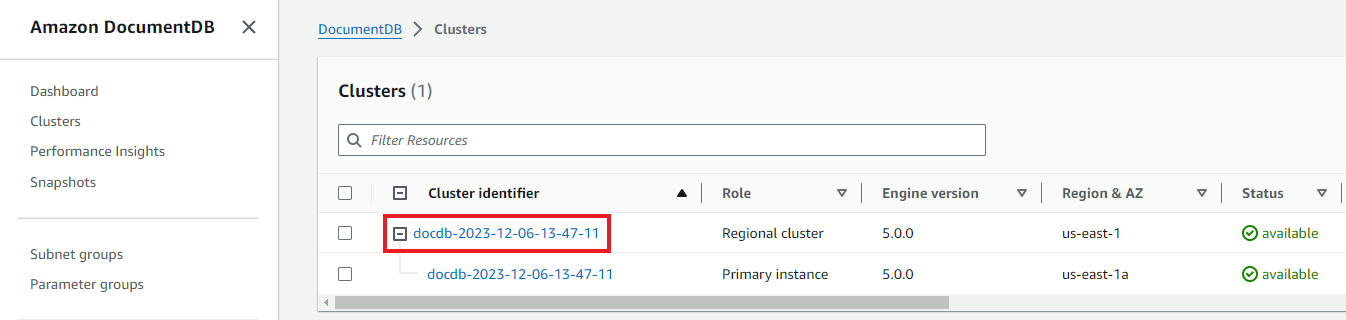 DocumentDB Cluster list showing one Cluster with identifier, role, version, region, and status.