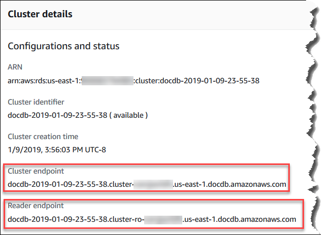 Konsolen-Screenshot mit Cluster-Details, wobei Cluster-Endpunkt und Reader-Endpunkt markiert sind.