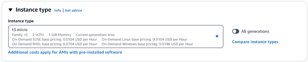 Instance type dropdown showing t3.micro with 2 vCPU, 1 GiB memory, and pricing details.