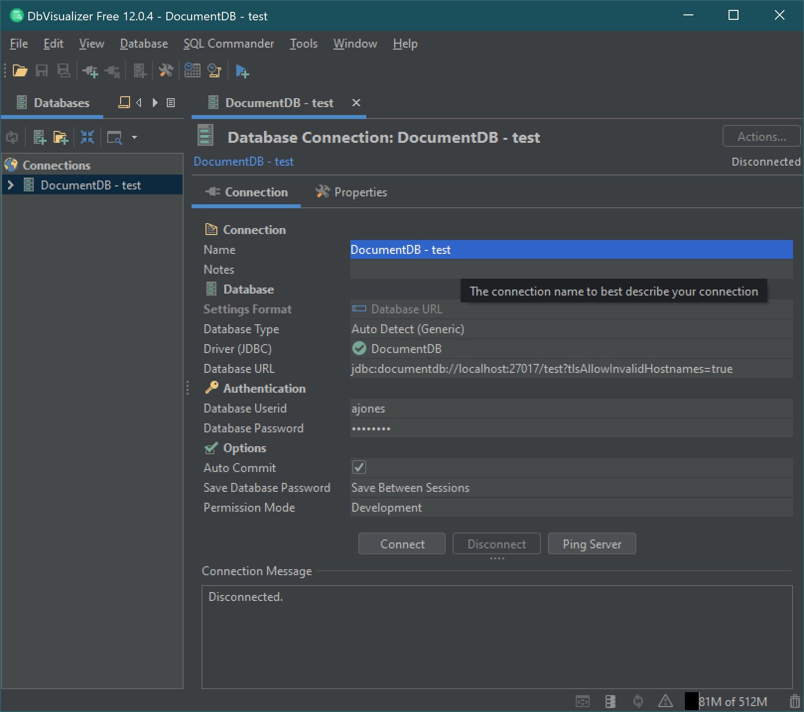 Datenbankverbindungsschnittstelle mit DocumentDB-Einstellungen.