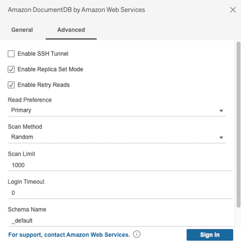 Registerkarte „Erweitert“ in der Amazon DocumentDB DocumentDB-Konnektorschnittstelle mit zusätzlichen Verbindungsoptionen.