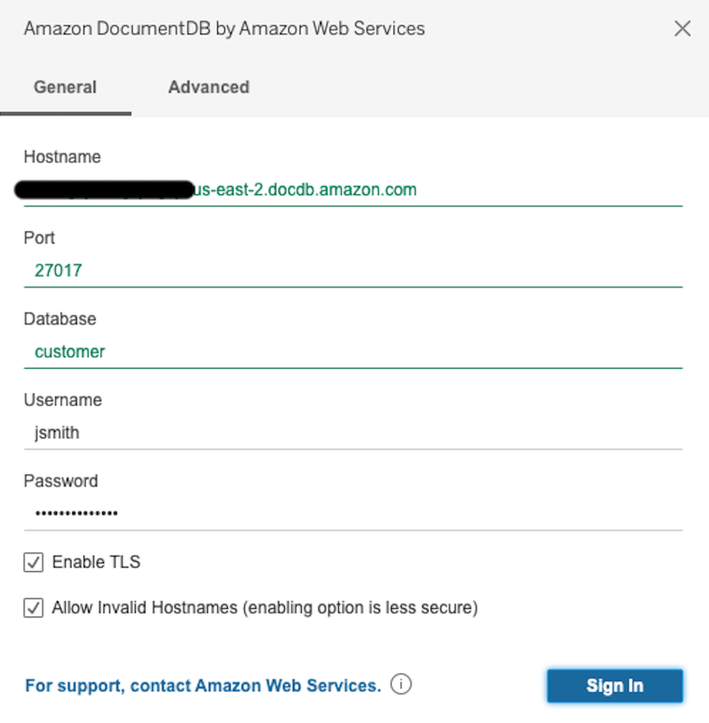 Registerkarte „Allgemein“ in der Amazon DocumentDB DocumentDB-Konnektorschnittstelle mit Feldern für Hostname, Port, Datenbank, Benutzername und Passwort.