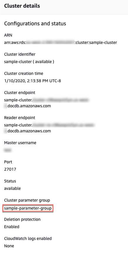 Screenshot: Anzeige der Parametergruppe eines Clusters.