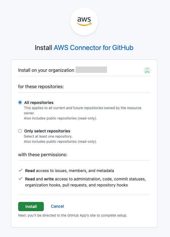 Screenshot der Konsole mit der zweiten Seite „ AWS Connector für die GitHub Installation“.