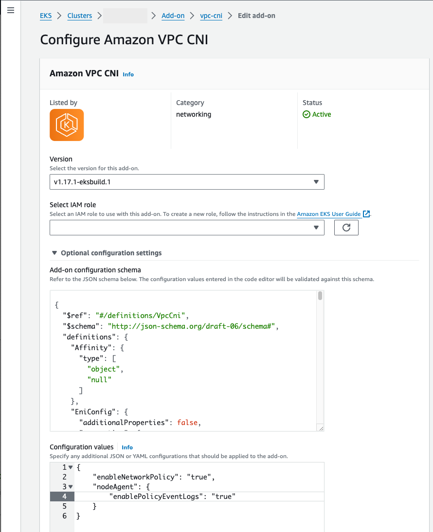 <shared id="consolelong"/>zeigt das VPC CNI Add-on mit Netzwerkrichtlinie und CloudWatch Protokollen in der optionalen Konfiguration.