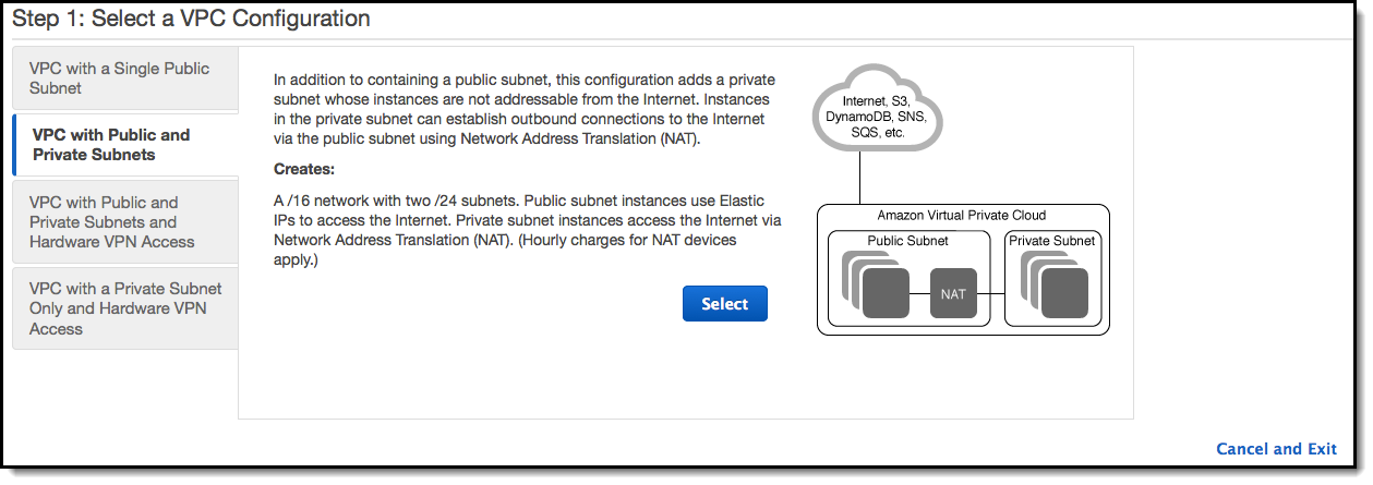 Wählen Sie "VPC with Public and Private Subnets (VPC mit öffentlichen und privaten Subnetzen)" und anschließend "Select (Auswählen)" aus.