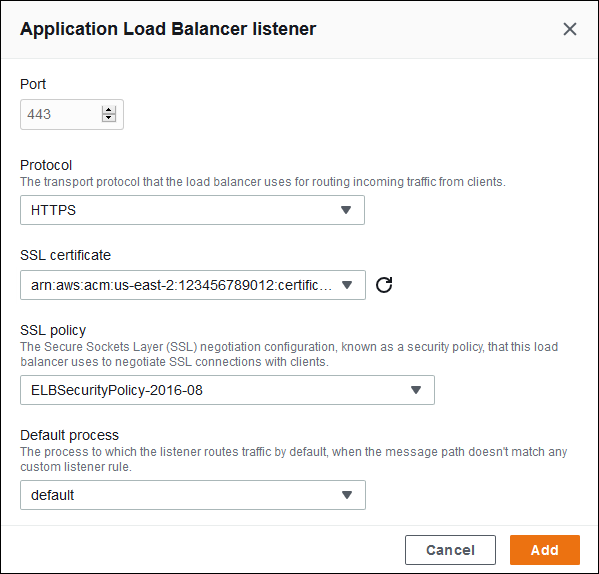 Application Load Balancer-Konfiguration – Hinzufügen eines sicheren Listeners