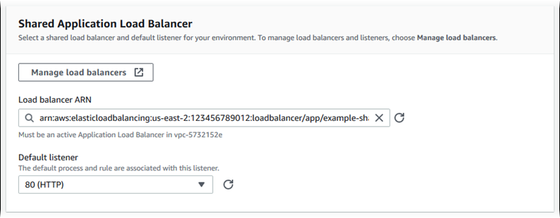 Application Load Balancer-Konfiguration – Auswahl eines gemeinsamen Load Balancers.