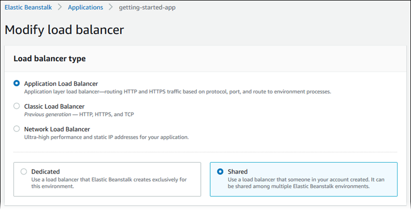 Elastic Load Balancing-Konfigurationsseite – Auswahl des Load Balancer-Typs