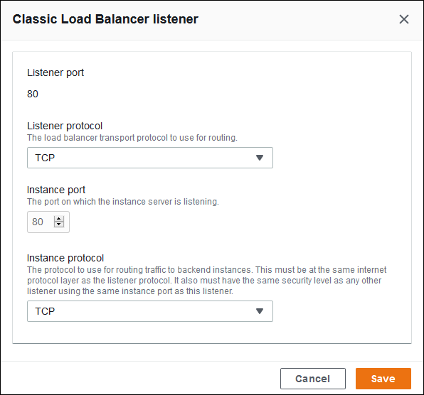 Classic Load Balancer-Konfiguration – Standard-Listener-Protokoll auf TCP ändern