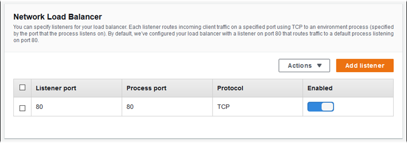 Network Load Balancer-Konfiguration – Listener-Liste