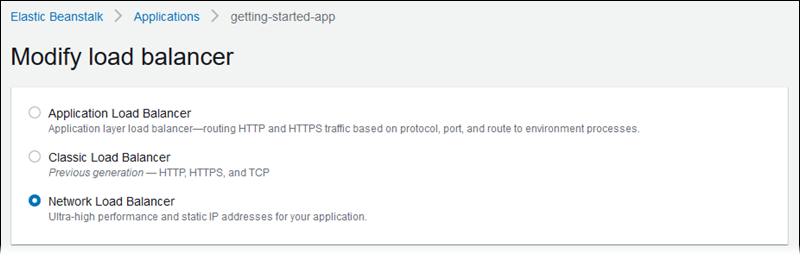 Elastic Load Balancing-Konfigurationsseite – Auswahl des Load Balancer-Typs