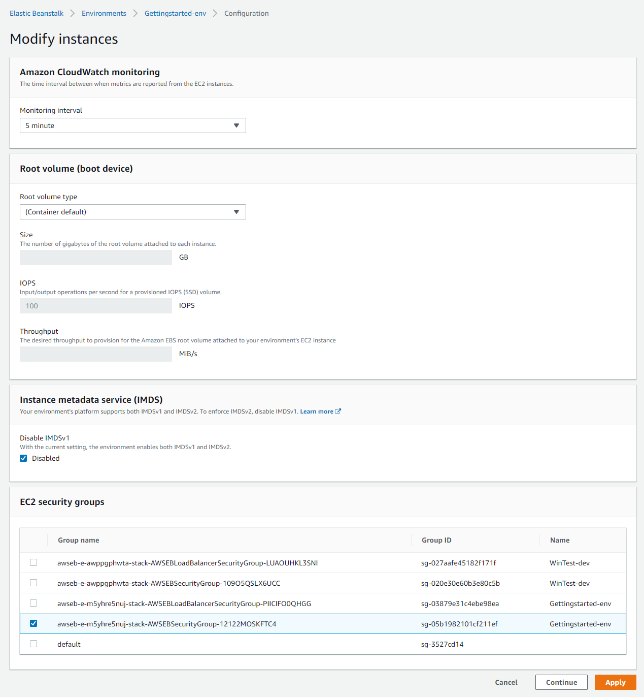 EC2Amazon-Instance-Einstellungen im Konfigurationsfenster für Elastic Beanstalk Beanstalk-Instances