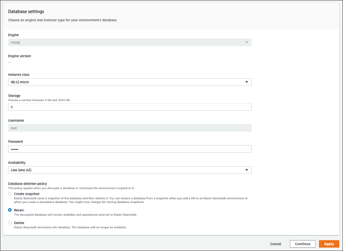 Database settings form with engine, instance, storage, and deletion policy options.