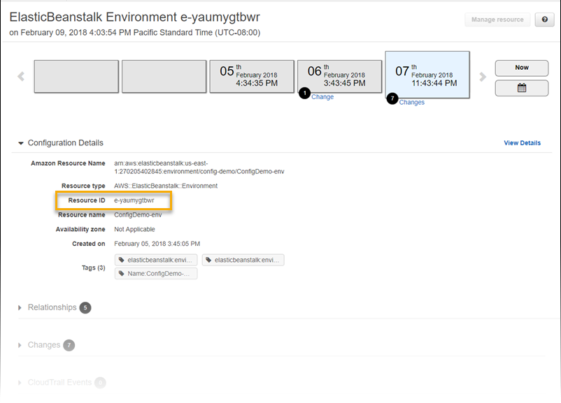AWS Config-Ressourcendetailseite mit Konfigurationsdetails für eine Elastic Beanstalk-Umgebung