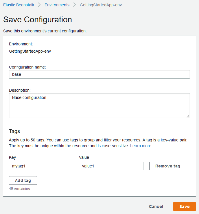 Seite „Save Configuration (Konfiguration speichern)“ in der Elastic Beanstalk-Konsole.