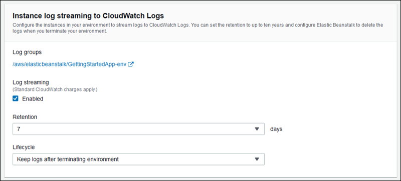 Bildschirmbild der CloudWatch Logs-Einstellungen in der Elastic Beanstalk Beanstalk-Konsole.