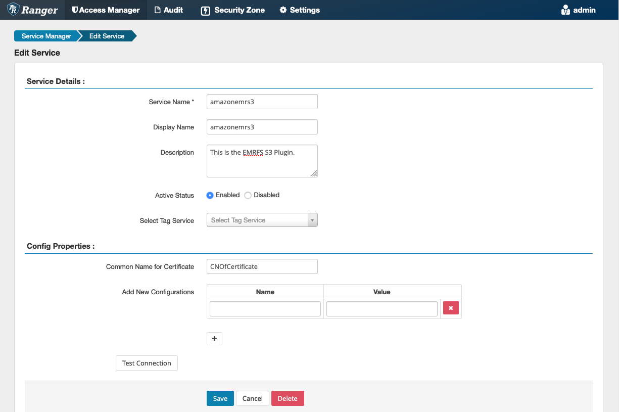 Ranger Admin bearbeitet den EMRFS S3-Dienst.