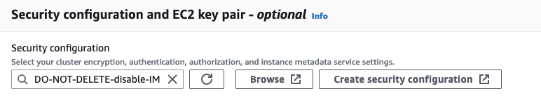Security configuration section with search bar, refresh button, and options to browse or create configuration.