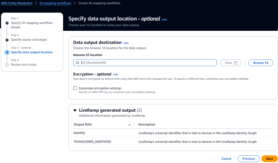 AWS Entity Resolution Schnittstelle zur Erstellung von Workflows zur ID-Zuordnung mit Optionen zur Angabe des Speicherorts für die Datenausgabe.