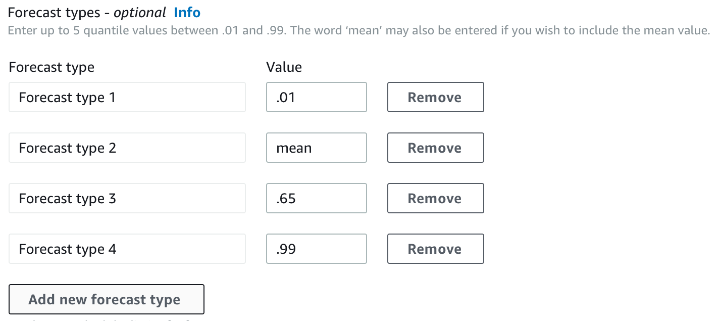 Form for entering forecast types with fields for type names and quantile values between .01 and .99.