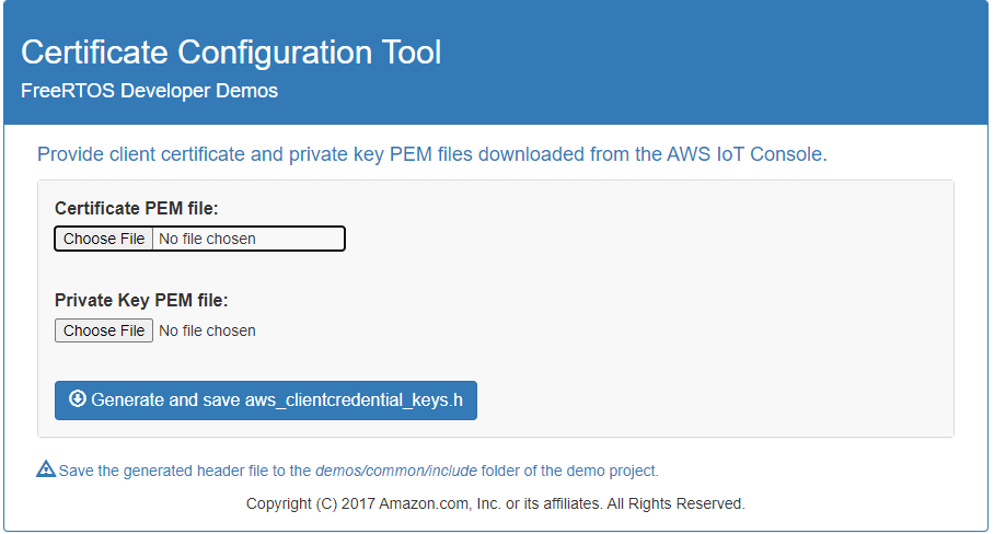 Zertifikatkonfigurationstool mit Feldern für die Bereitstellung von Client-Zertifikaten und PEM-Dateien mit privaten Schlüsseln von der AWS IoT Konsole aus sowie einer Schaltfläche zum Generieren und Speichern der Datei aws_clientcredentials al_keys.h.