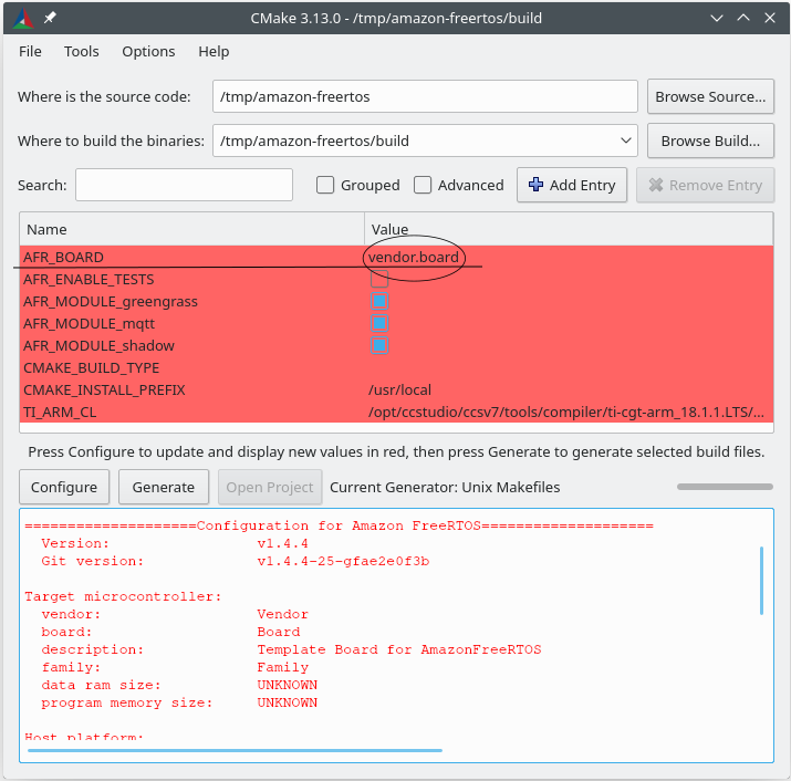 CMake-Konfigurationsfenster zum Erstellen von FreeRTOS mit ausgewähltem Vendor-Board, aktivierten Modulen und angegebenen Build-Pfaden.