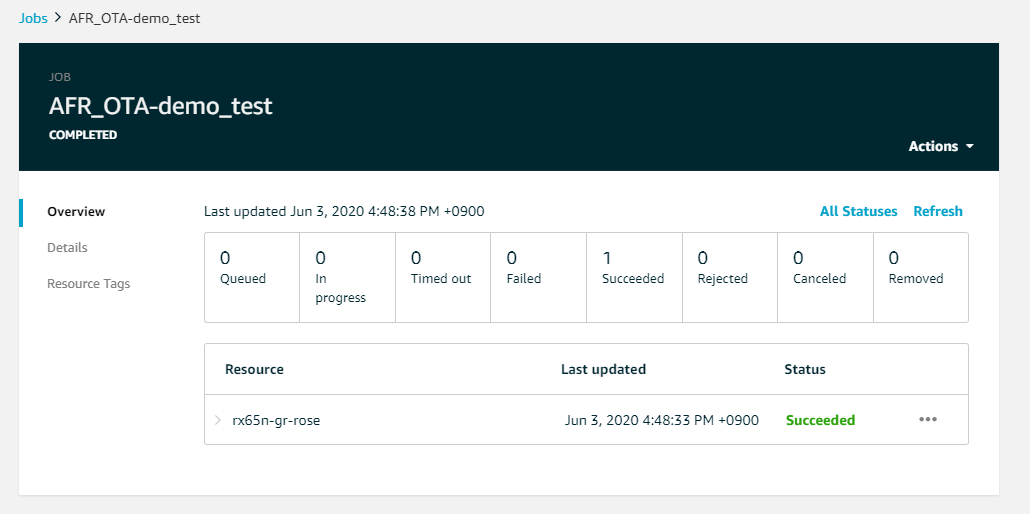 Übersicht über den AFR OTA-Demo-Testauftrag, aus der hervorgeht, dass 1 Ressource erfolgreich war.