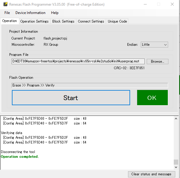 Renesas Flash Programmer-Fenster mit Projektdetails, Dateipfad und Flash-Operationsoptionen wie Löschen, Programmieren und Überprüfen des Mikrocontrollers von RX Group mit den Tasten Start und OK.