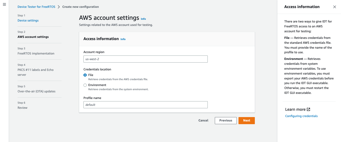 AWS-Konto Einstellungsseite mit Feldern für die Kontoregion, den Speicherort der Anmeldeinformationen als Datei oder Umgebung und den Profilnamen