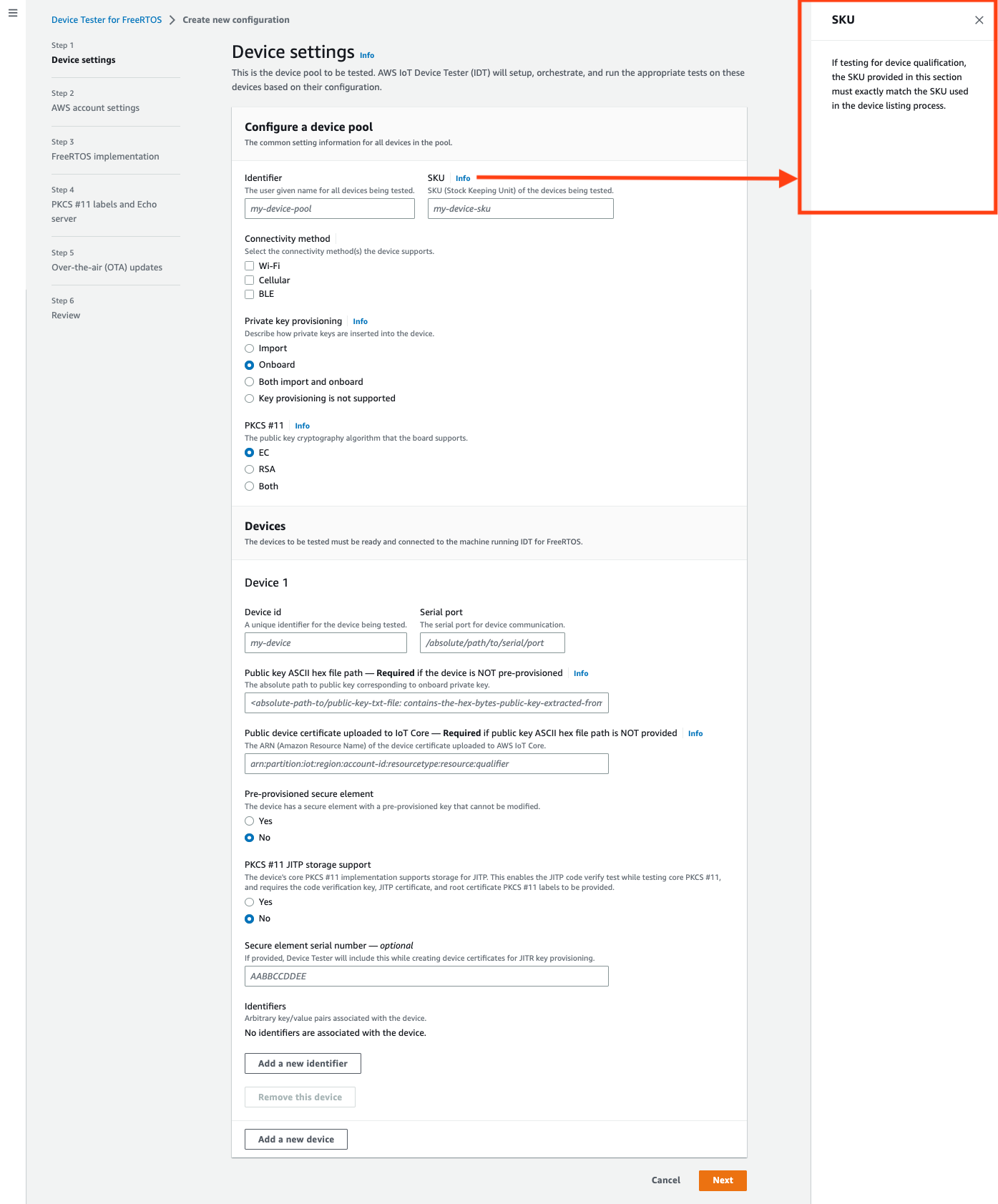 Device Tester for FreeRTOS Konfigurationsbildschirm mit Identifier- und SKU-Feldern zur Konfiguration eines Gerätepools, Geräteeinstellungsoptionen wie Verbindungsmethode, Schlüsselbereitstellung, PKCS #11 -Einstellungen, Eingabefeldern für Gerätedetails und Steuerelementen zum Hinzufügen von Geräten oder Kennungen.