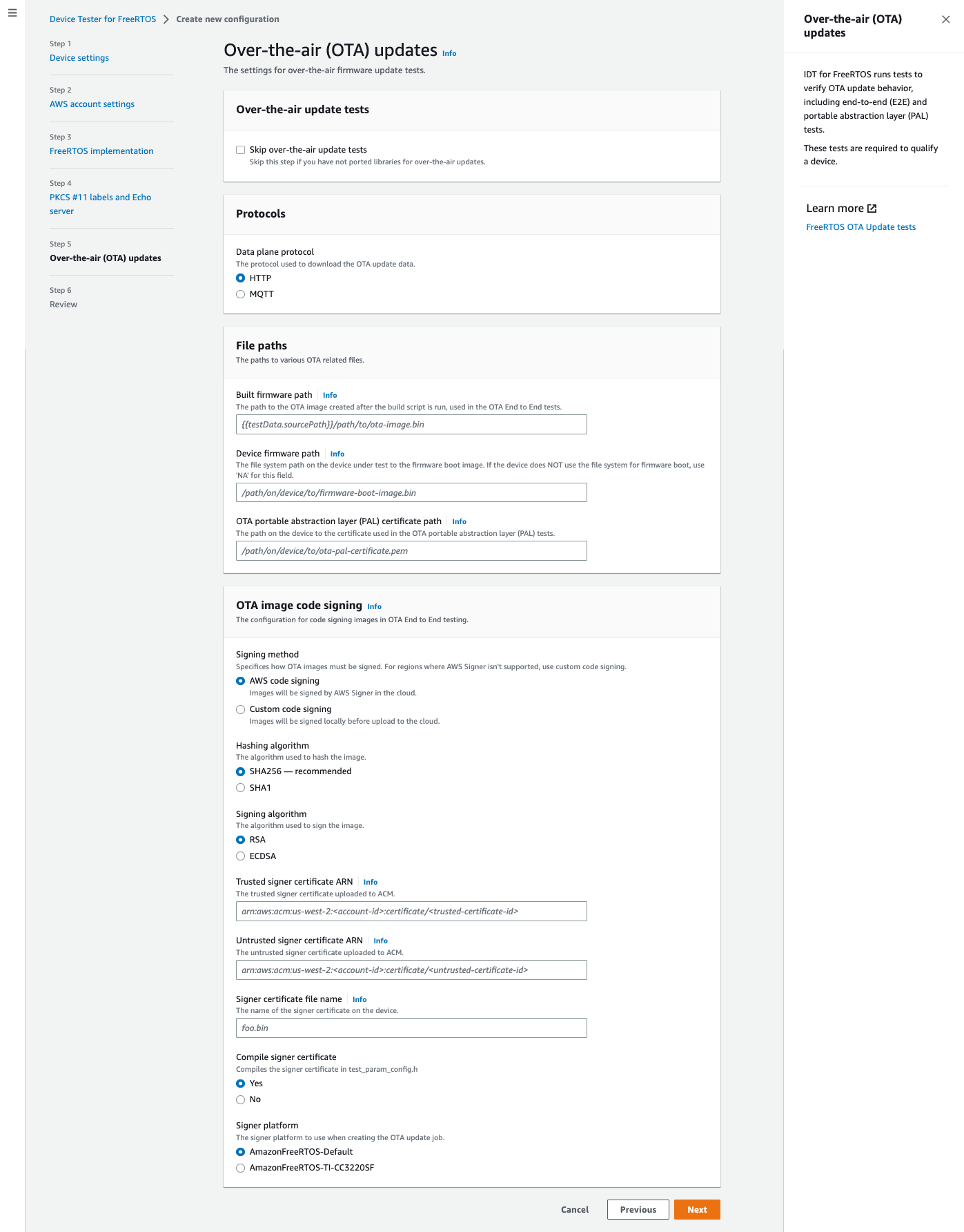 Konfigurationsoptionen für das OTA-Update: Tests überspringen, Datenprotokolle, Firmware-Pfade, PAL-Zertifikatspfade, Codesignatur, Hash-/Signierungsalgorithmen, vertrauenswürdige/nicht vertrauenswürdige Unterzeichnerzertifikate, Unterzeichnerzertifikatsdatei, Unterzeichnerzertifikat kompilieren, Unterzeichnerplattform.