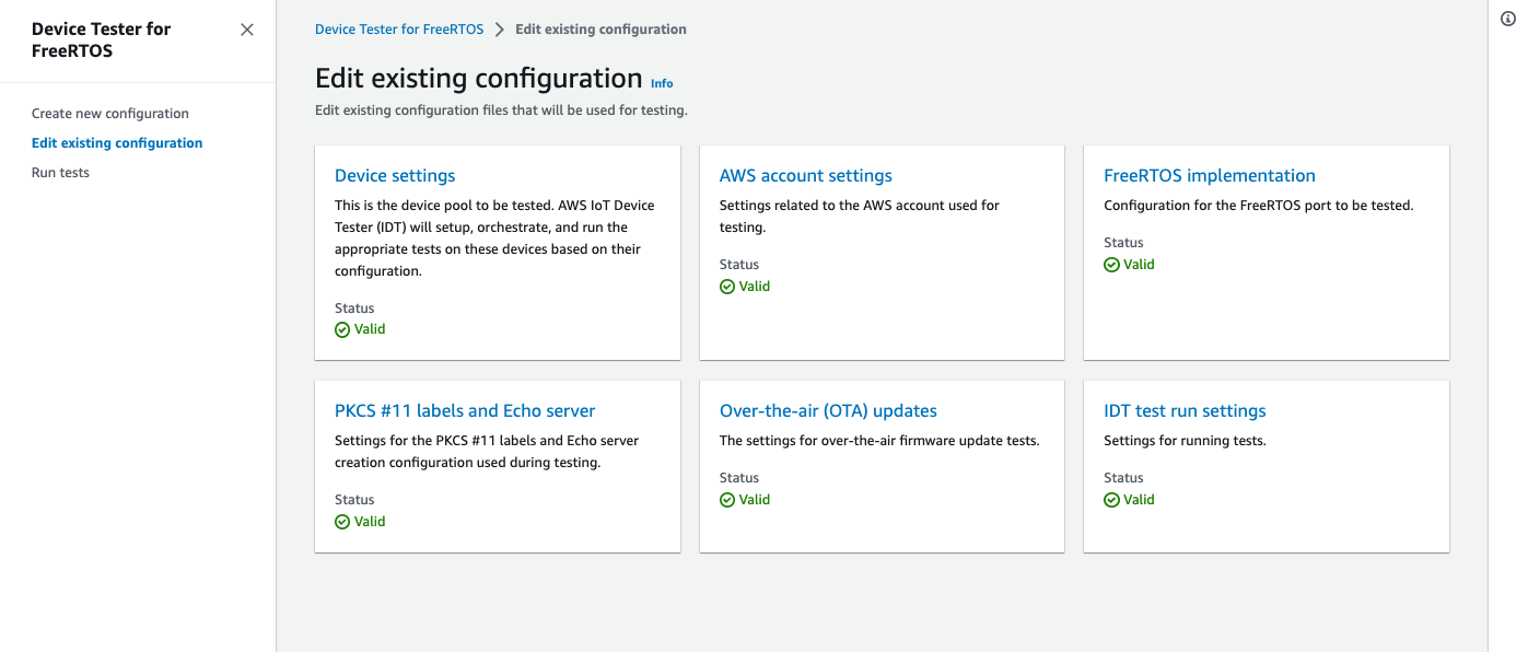 Konfigurationsbildschirm mit den Abschnitten Gerät AWS-Konto, FreeRTOS-Implementierung, PKCS-Labels und Echo-Server, over-the-air Updates und Testlaufeinstellungen, die den gültigen Status anzeigen.