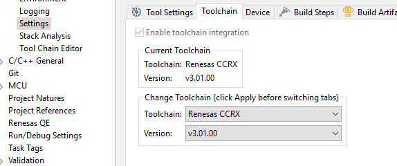 Einstellungen für die Toolchainintegration für Renesas CCRX Version v3.01.00, mit der Option, die Toolchain zu ändern.