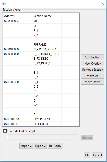 Das Section Viewer-Fenster mit Speicheradressen, Abschnittsnamen wie SU, SI, Registern und Schnittstellenkomponenten wie Netzwerkpuffern, Ausnahmen und Aktionsschaltflächen.